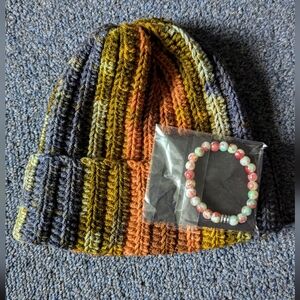 NWOT Mulitcolor Beanie With Agate Bracelet